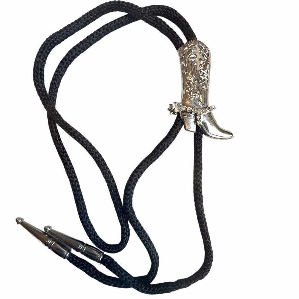 Western Cowboy Boot Bolo Tie Silver Tone Rhinestone Spur Floral